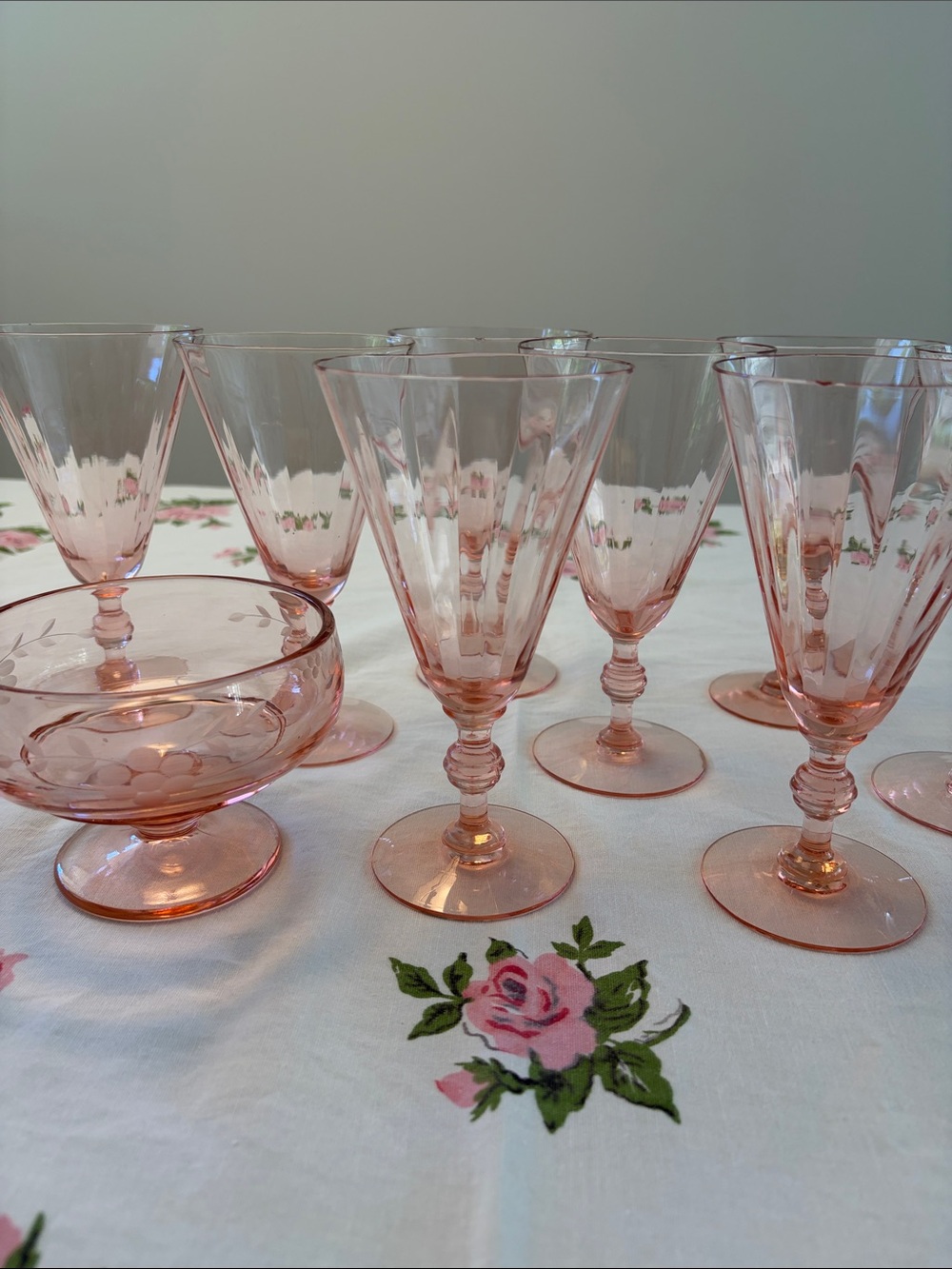 Set of 8 MCM Vintage pink wine glasses and etched flower bowl